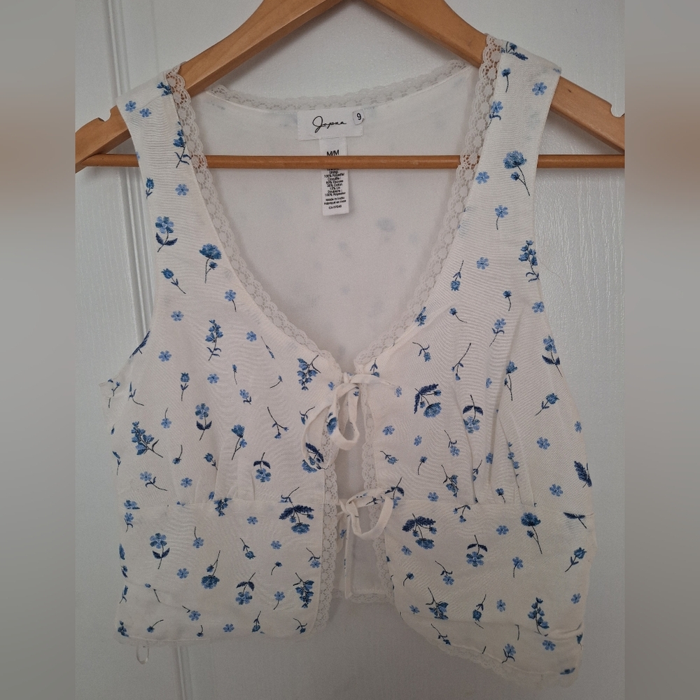 NWT Japna Linen Blend Floral Lace-Trimmed Tie Front Women's Top M
